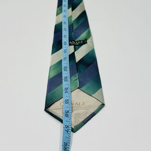 CANALI Necktie Tie Silk Blue Green Tan Stripe Italy EUC - Picture 7 of 8